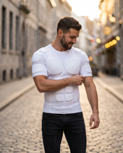 Vframe Shape white padded undershirt worn in the city